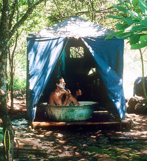 peter beard takes his daily bath at his home, hog ranch, outside nairobi kenya