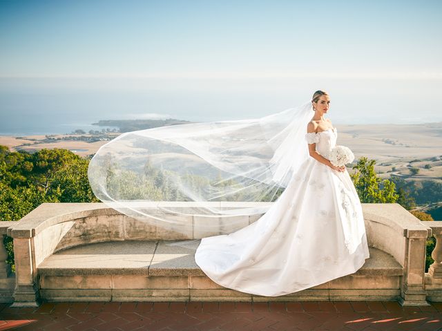 Wedding dress, Bride, Photograph, Dress, Gown, Bridal veil, Bridal clothing, Veil, Bridal accessory, Sky, 