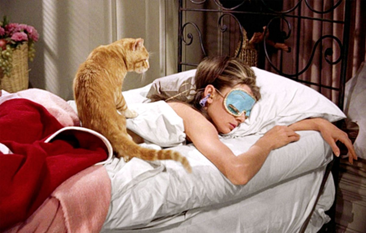 new york   october 5 the movie breakfast at tiffanys, directed by blake edwards and based on the novel by truman capote seen here, audrey hepburn as holly golightly and cat initial theatrical release october 5, 1961 screen capture paramount pictures photo by cbs via getty images