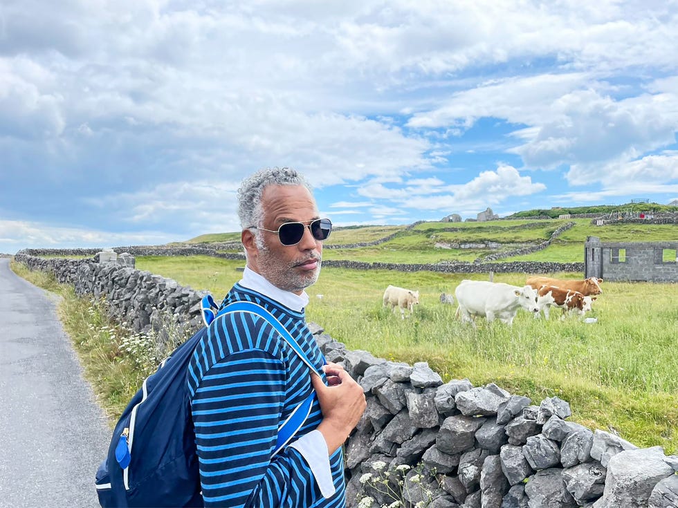 person walking along a rural road with grazing cows in a grassy field