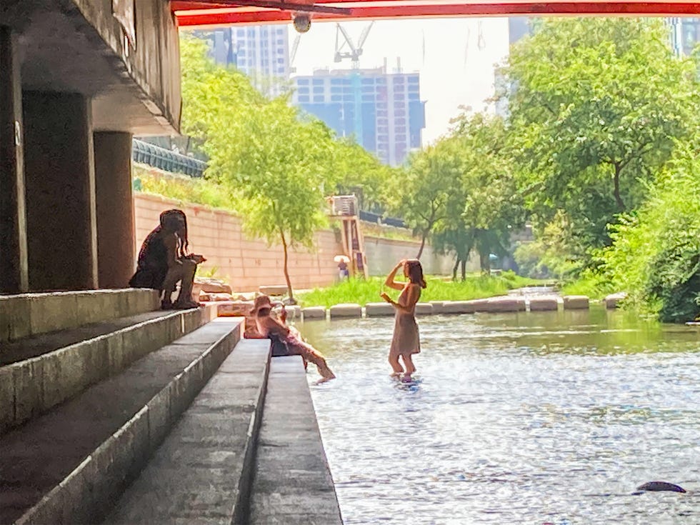 people relaxing by a river in an urban park