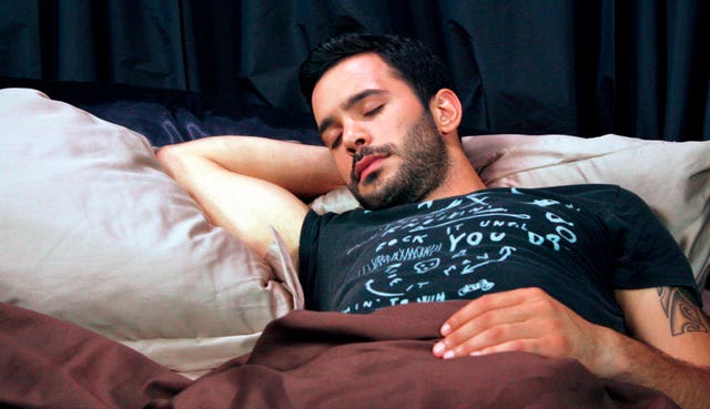 Facial hair, Sleep, Beard, Muscle, Arm, Nap, Furniture, Neck, Comfort, Barechested, 
