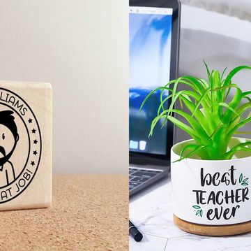 the personalized teacher stamp and succlent pots are two good housekeeping picks for best teacher gifts