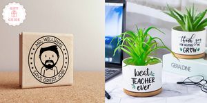 the personalized teacher stamp and succlent pots are two good housekeeping picks for best teacher gifts