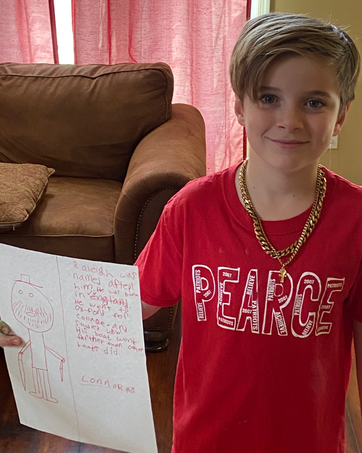 connor harris, 10, sharing his artwork, a project done in response to what he learned and enjoyed most during his virtual field trip to a local museum in north carolina