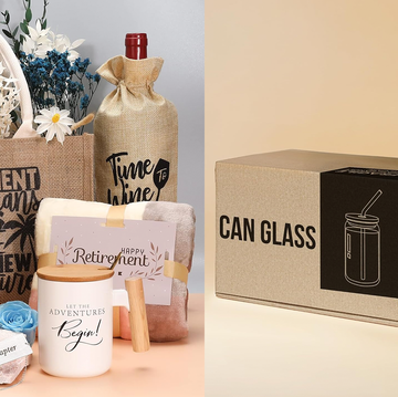 items from the retirement gift box and a teacher can glass are two good housekeeping picks for the best teacher retirement gifts