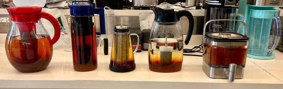 tea makers lined up for iced tea maker testing at the good housekeeping institute