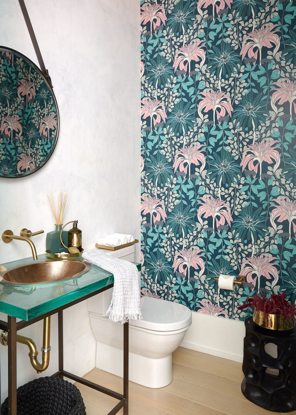 teal bathroom with wallpaper