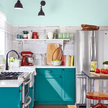 Vibrant kitchen with teal cabinets and modern appliances vibrant kitchen with teal cabinets and modern appliances