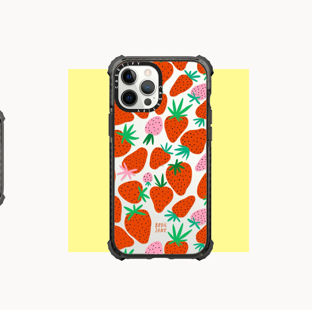 three iphones in cases one says "it's never a bad idea to be kind" another has a pink and red strawberry patter, the last has multicolored cheetahs