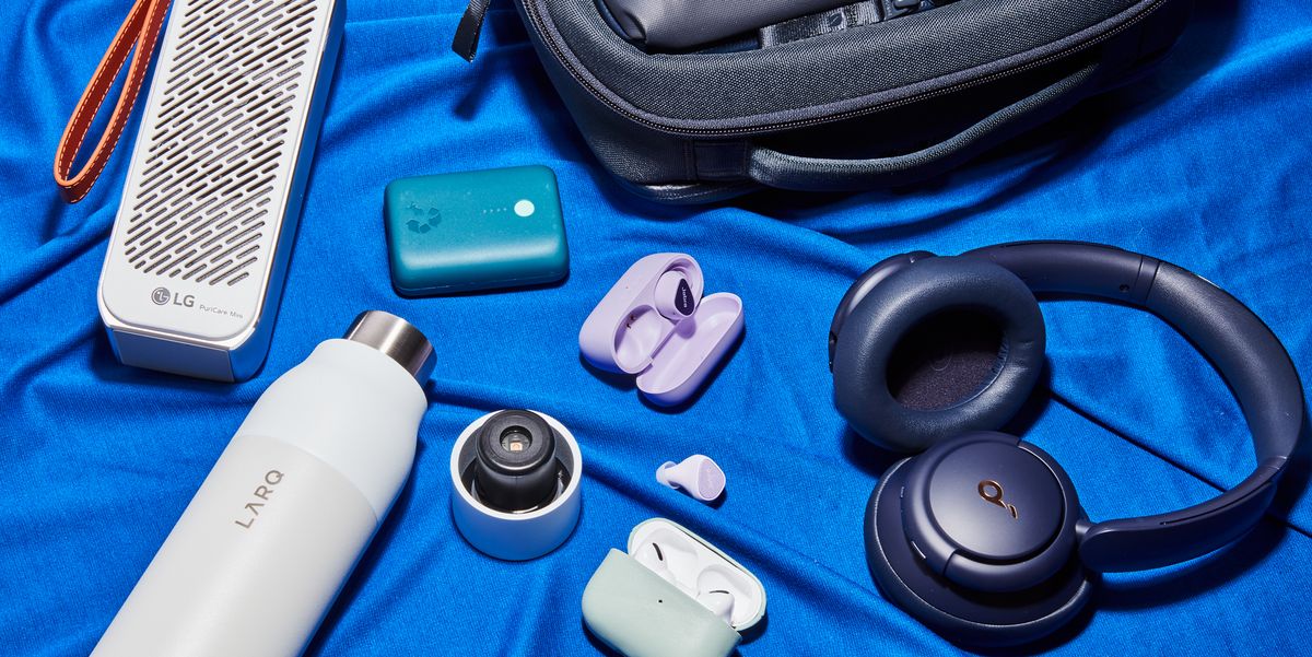 lg air purifier, nimble battery pack, incase backpack, jabra earbuds, airpods case, soundcore headphones, larq water bottle