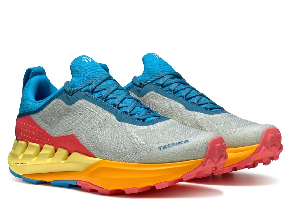 trail running shoes with a colorful design and textured upper