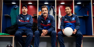 brendan hunt, jason sudeikis and nick mohammed in “ted lasso” season two, now streaming on apple tv