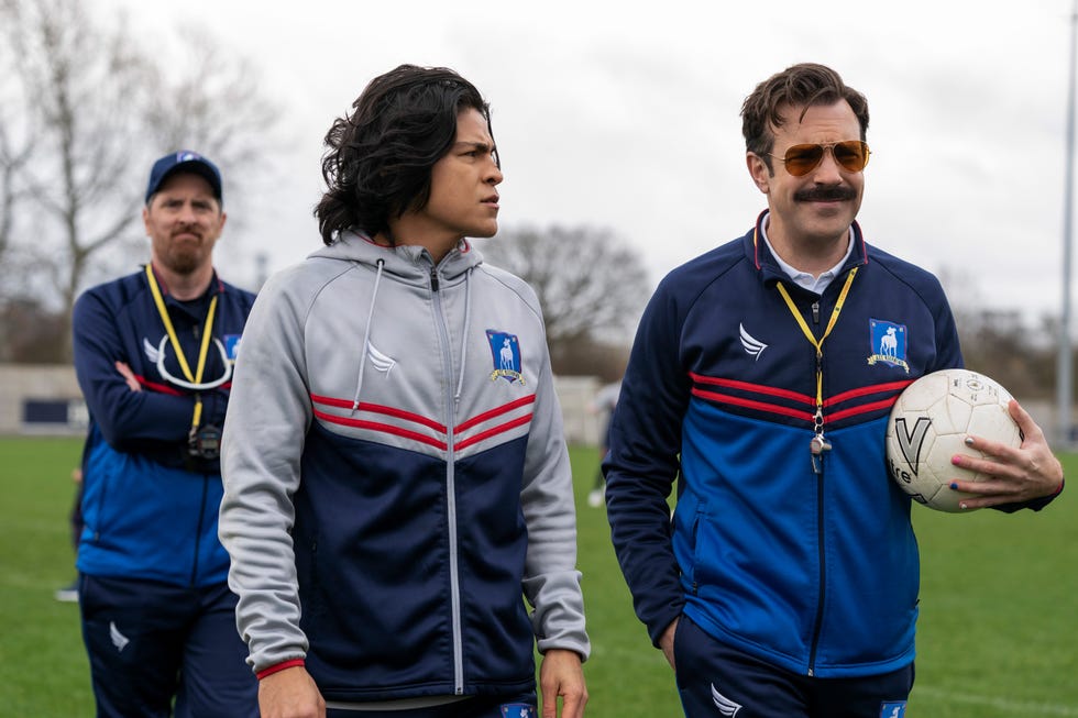 brendan hunt, cristo fernández and jason sudeikis in “ted lasso,” now streaming on apple tv
