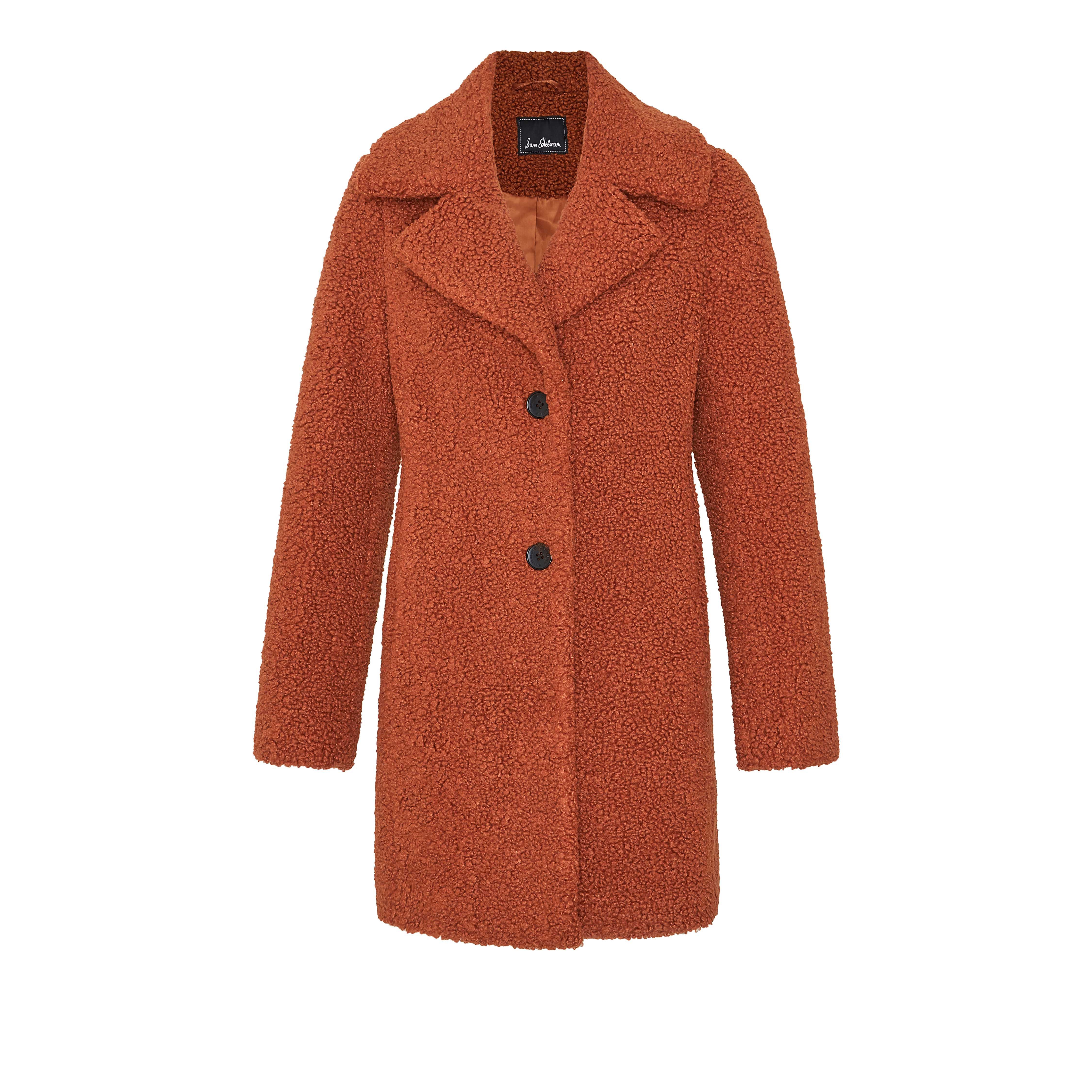 Clothing, Coat, Outerwear, Trench coat, Overcoat, Orange, Sleeve, Collar, Button, Jacket, 