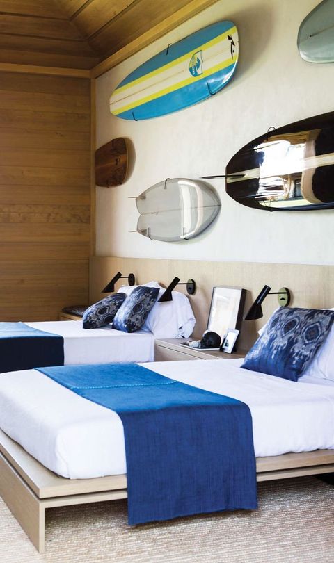 teenager's room with surfboards on the wall