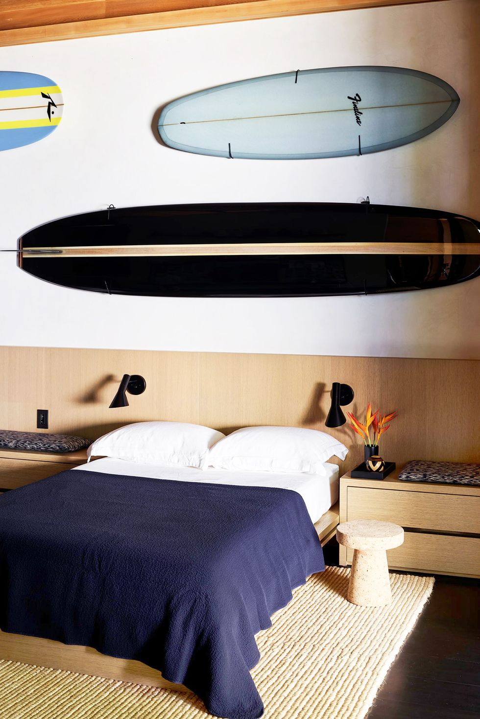 modern teen bedroom with surf decor