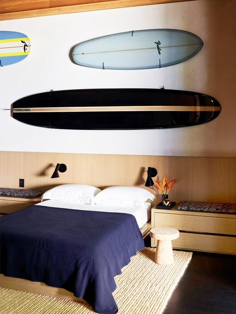 modern teen bedroom with surf decor