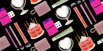 cosmetic products and accessories displayed with a birthday cake