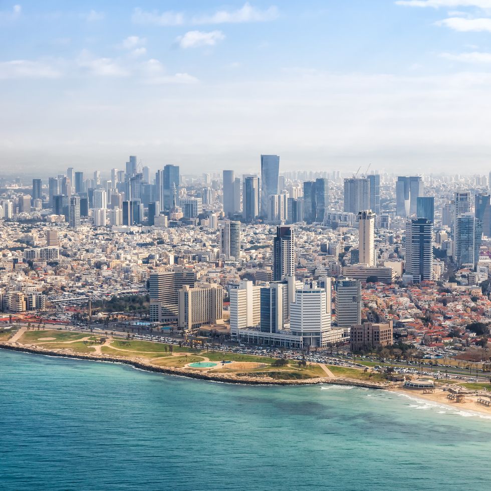 tel aviv skyline beach aerial view photo israel city mediterranean sea skyscrapers