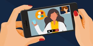 telemedicine illustration concept shows a patient looking at her smartphone for conferencing with the pharmacist woman that explaining how to take a medicine via computer