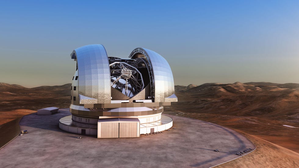 2bambm9 english artists impression of the european extremely large telescope e elt in its enclosure on cerro armazones, a 3060 metre mountaintop in chiles atacama desert the 39 metre e elt will be the largest opticalinfrared telescope in the world  the worlds biggest eye on the sky operations are planned to start early in the next decade, and the e elt will tackle some of the biggest scientific challenges of our timethe design for the e elt shown here is preliminary 11 june 2012, 193000 httpwwwesoorgpublicimageseso1225a esol calcada