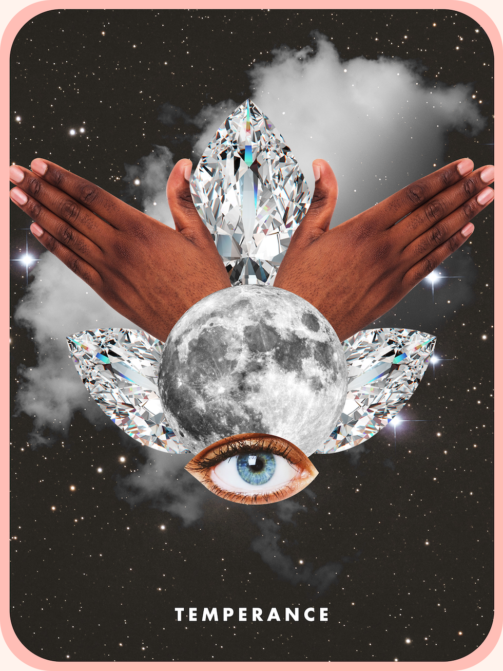 the temperance tarot card showing two hands above an eye, two diamonds, and a full moon