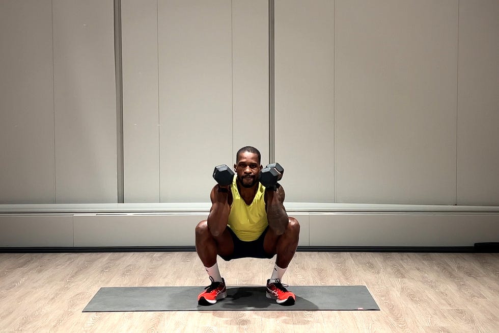 glutes and hamstrings workout, tempo squat with half lift