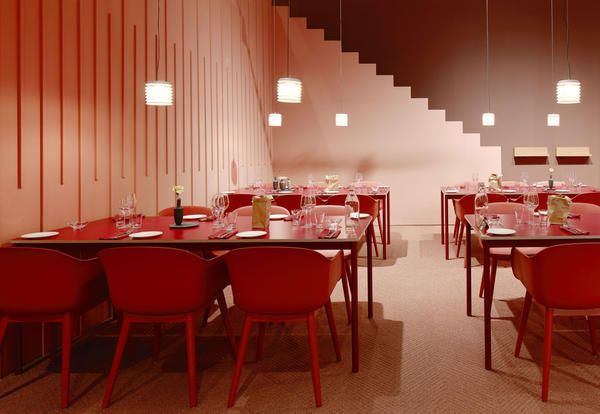 Restaurant, Red, Room, Table, Interior design, Building, Furniture, Chair, Cafeteria, Business, 