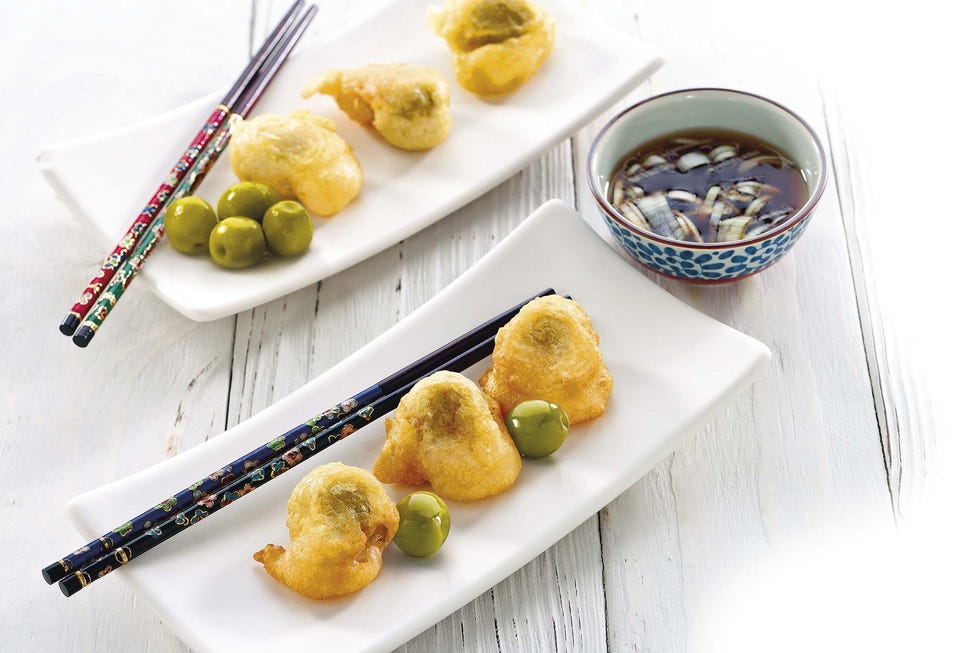 tempura de aceitunas y gambas