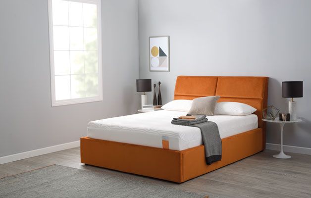 Furniture, Bed, Bedroom, Room, Orange, Bed frame, Mattress, Bed sheet, Interior design, Box-spring, 