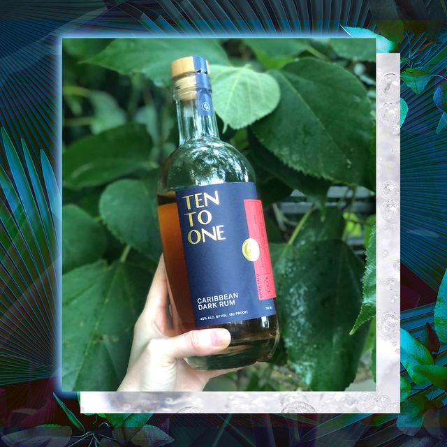 danielle holding bottle of ten to one rum with leaves in background