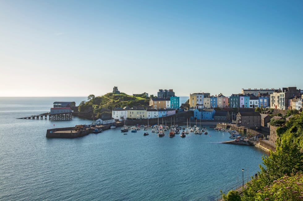view of tenby town and carmarthen bay in pembrokeshire wales