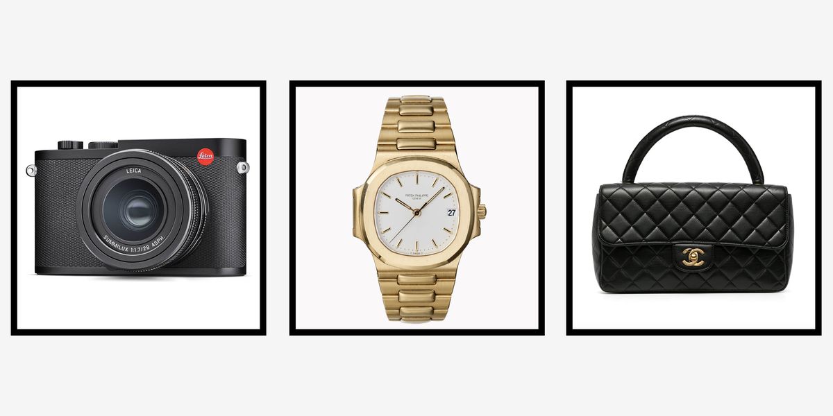 a camera a gold piaget watch and a quilted chanel bag in a roundup of tenth anniversary gifts 2022