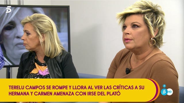 Terelu Campos rompe a llorar al ver las críticas hacia su hermana Carmen en Sálvame