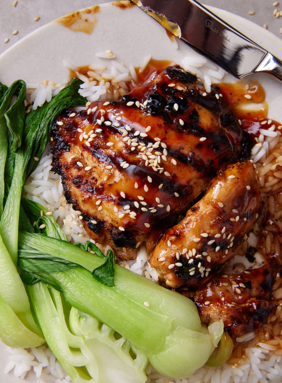 teriyaki chicken thighs with bok choy and steamed white rice