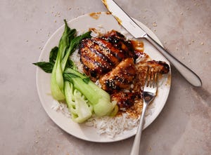 teriyaki chicken thighs with bok choy and steamed white rice