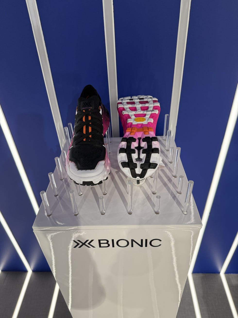 display of modern athletic shoes featuring innovative design elements