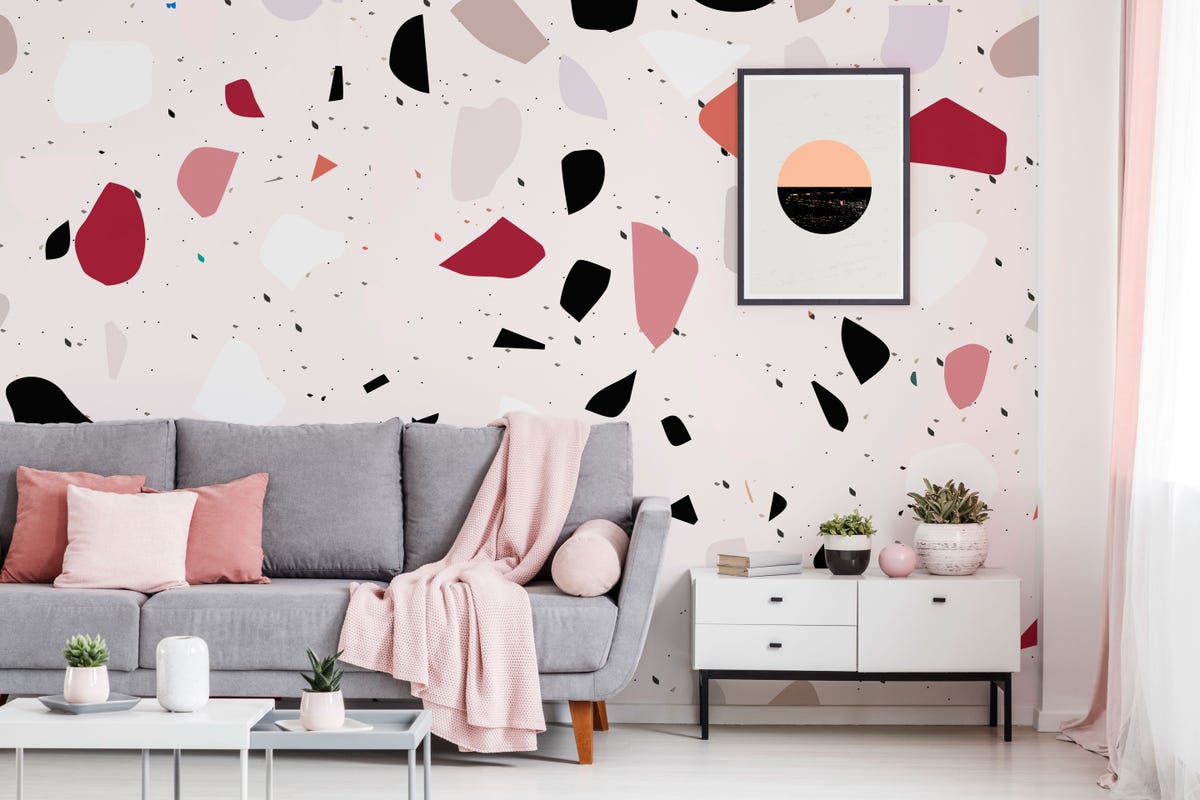 Vinilos decorativos adhesivos piedras para pared rosa y gris Terrazzo