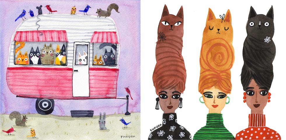 painted cats in a caravan and cat hair on women by terry runyan