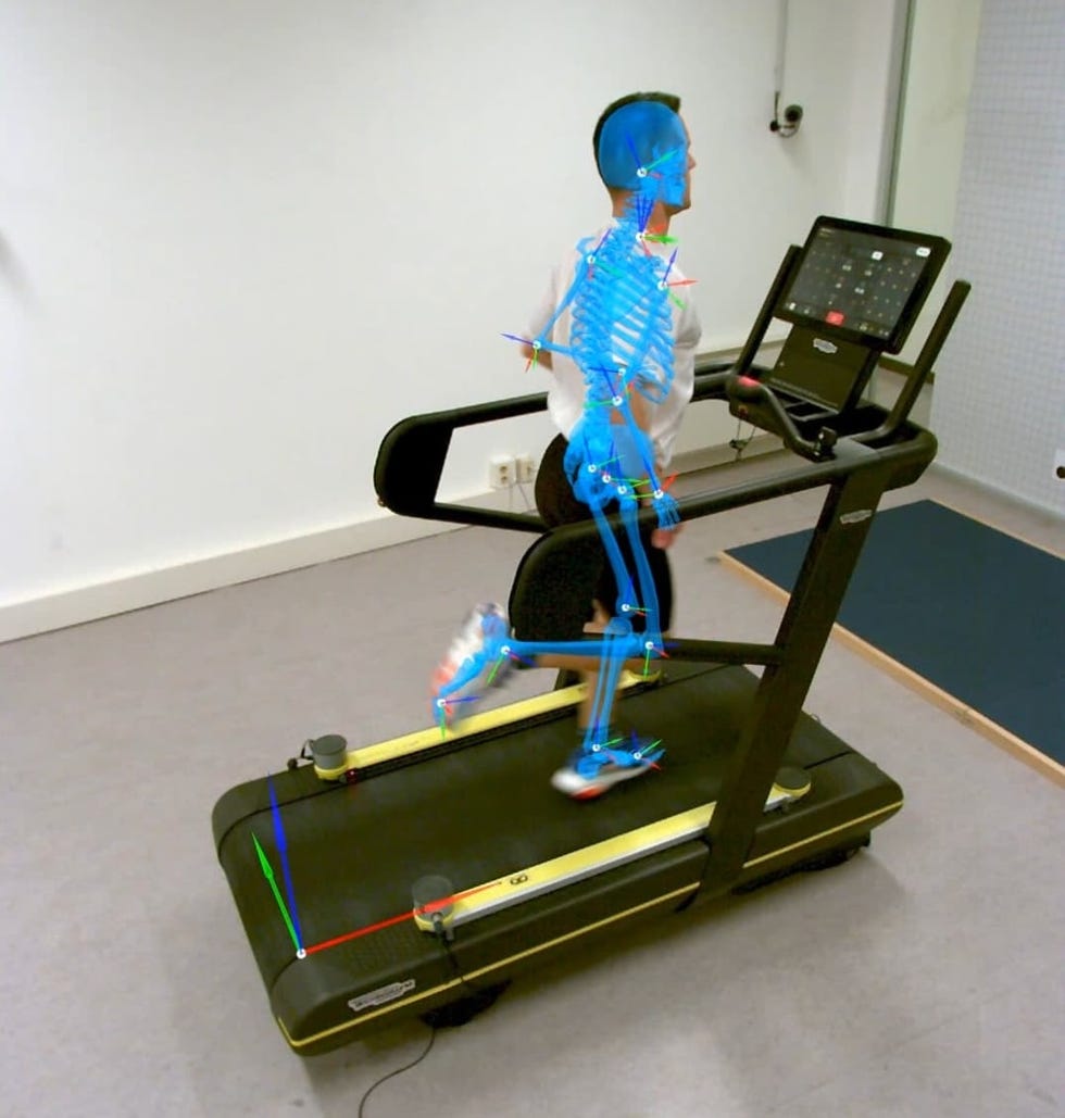 visual representation of a person running on a treadmill with an overlay of skeletal tracking data