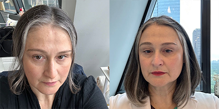 woman before and after testing gray hair shampoo