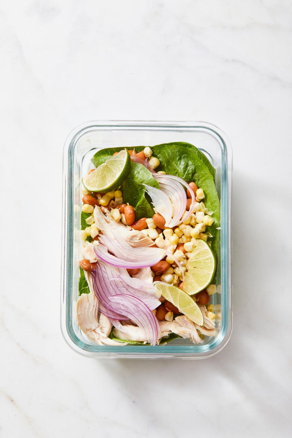 tex mex chicken salad with red onion, lime slices, corn and beans