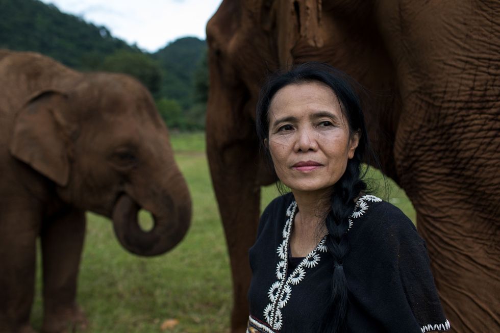 Lek Saengduean Chailert oprichter en directeur van het Elephant Nature Park staat bij twee geredde olifanten in haar reservaat Dat heeft veel supporters met name op sociale media en zij en haar team zamelden tijdens de pandemie dan ook geld in voor voedsel en verzorging voor dieren in tientallen kampen in heel Thailand