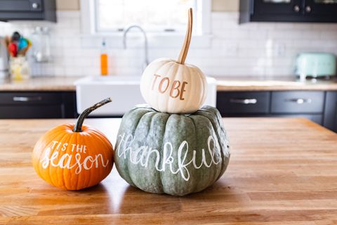 colorful pumpkins decorated with handwritten words “‘tis the season to be thankful”