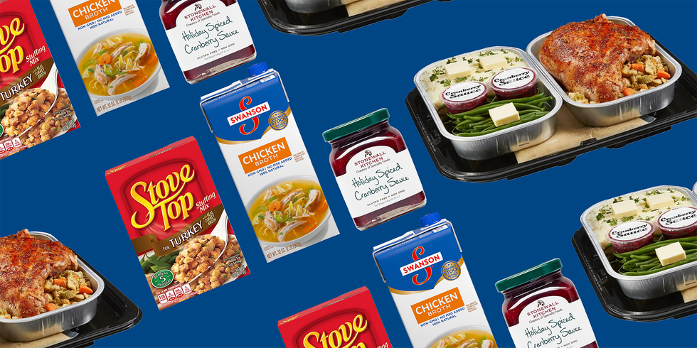variety of holiday meal elements including stuffed turkey sides and sauces on a blue background