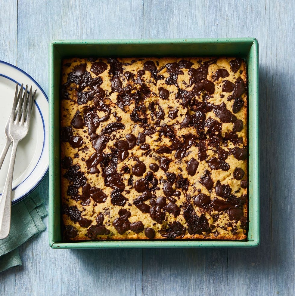 chocolate banana cake in a square baking dish