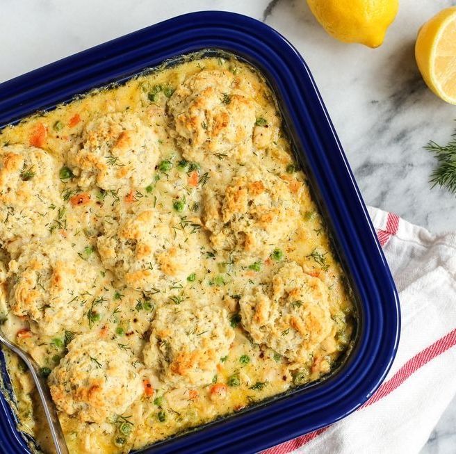 turkey and biscuits casserole with lemons on side