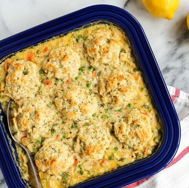 turkey and biscuits casserole with lemons on side