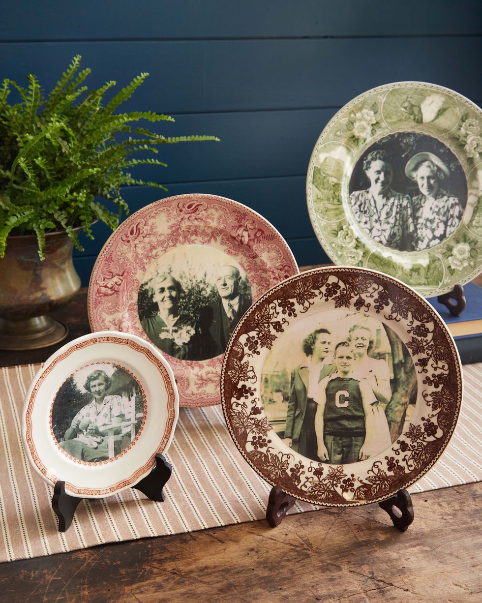 black and white photos decoupaged into the middle of decorative plates
